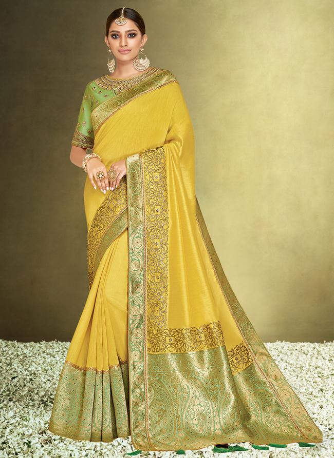 Sattin Silk Yellow Wedding Wear Embroidery Work Saree